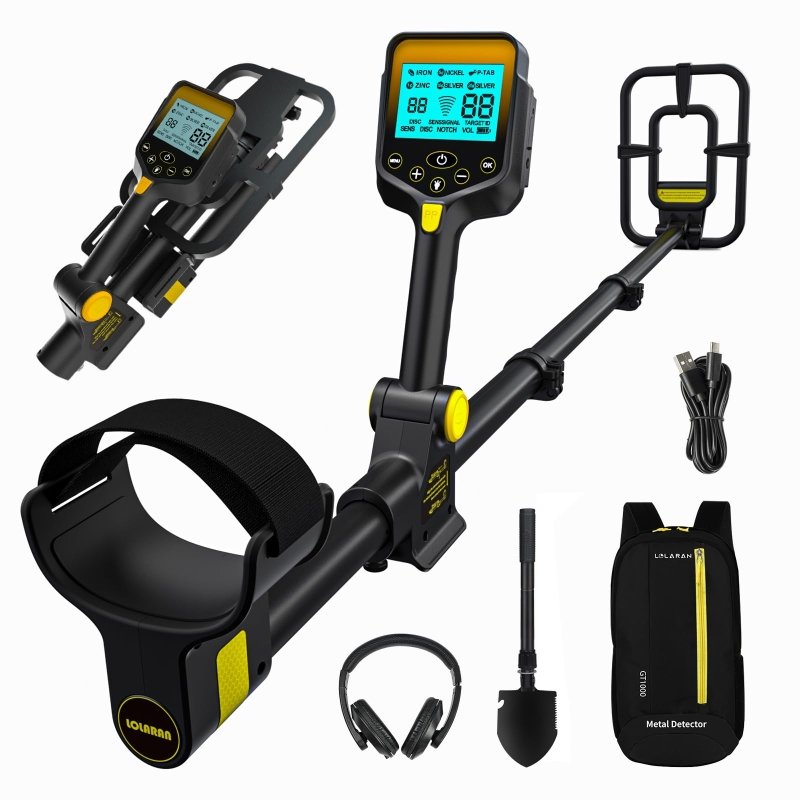 LOLARAN Metal Detector for Adults Professional, Rechargeable Lithium Battery Powered,Wireless Adjustable Retractable Foldable Metal Detector Waterproof High Accuracy Gold Detector, Backlit LCD DisplayLOLARAN