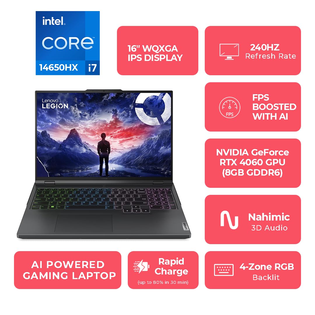 Lenovo Legion Pro 5 | AI Chip 16 inch Gaming Laptop | 14th Gen i7-14650HX | 16GB RAM, 1TB SSD | NVIDIA RTX 4060 8GB Graphics | WQXGA Display with Windows 11 Home | Onxy Grey - (UPGRADED)