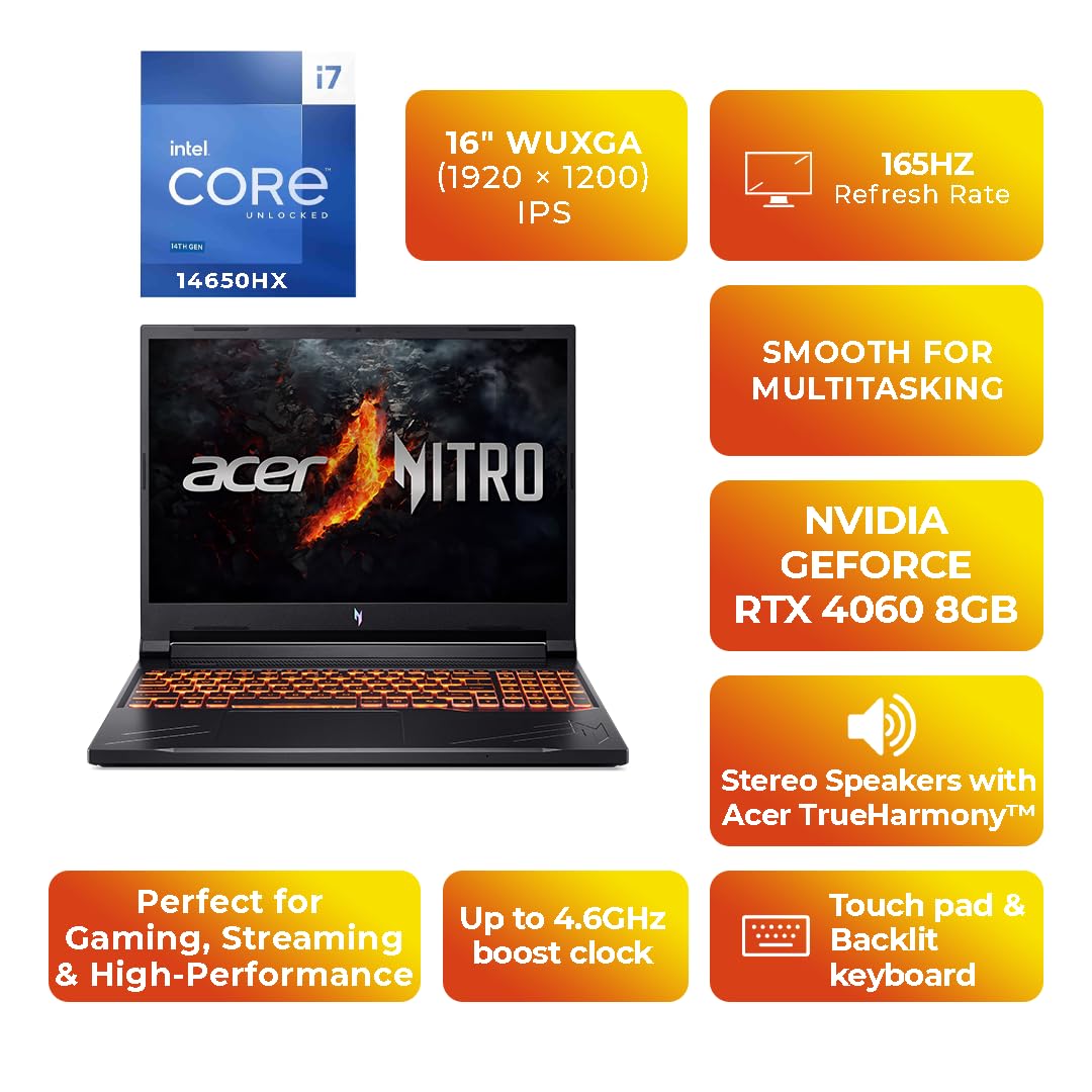 Acer Nitro V 16 Gaming Laptop | Intel Core i7-14650HX 14th Gen | 16GB DDR5 | 1TB SSD | NVIDIA GeForce RTX 4060 8GB | 16" WUXGA 165Hz IPS Display | Windows 11 Pro (UPGRADED) - Obsidian Black