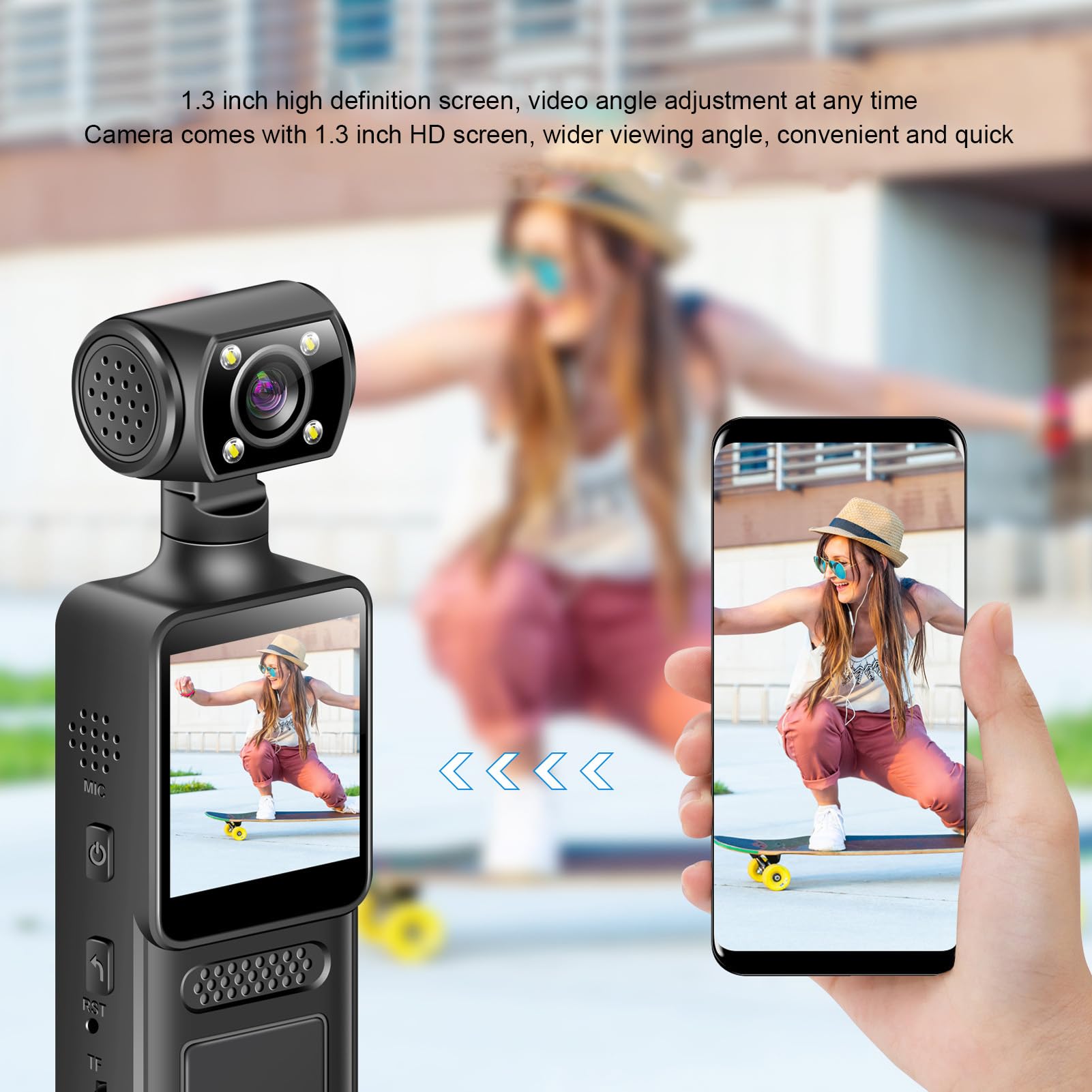 Handheld Action Camera, 4K HD WiFi Sports Camera with 180° Rotating Lens, 1.3 Inch HD Screen, 135° Ultra Wide, LED Flashlight, APP Control, Poc ket Camcorder for Travel