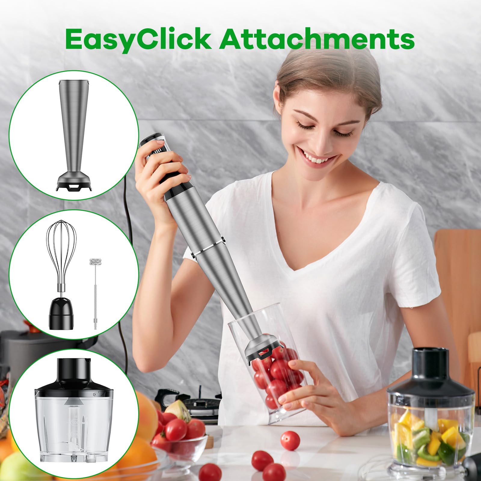 Turelar Immersion Blender Handheld Corded Hand Blenders Set 1100W, Trigger Variable Speed 5 in 1 Stick Emulsifier with Chopper, Whisk and Frother for Soup, Baby Food and Smoothies