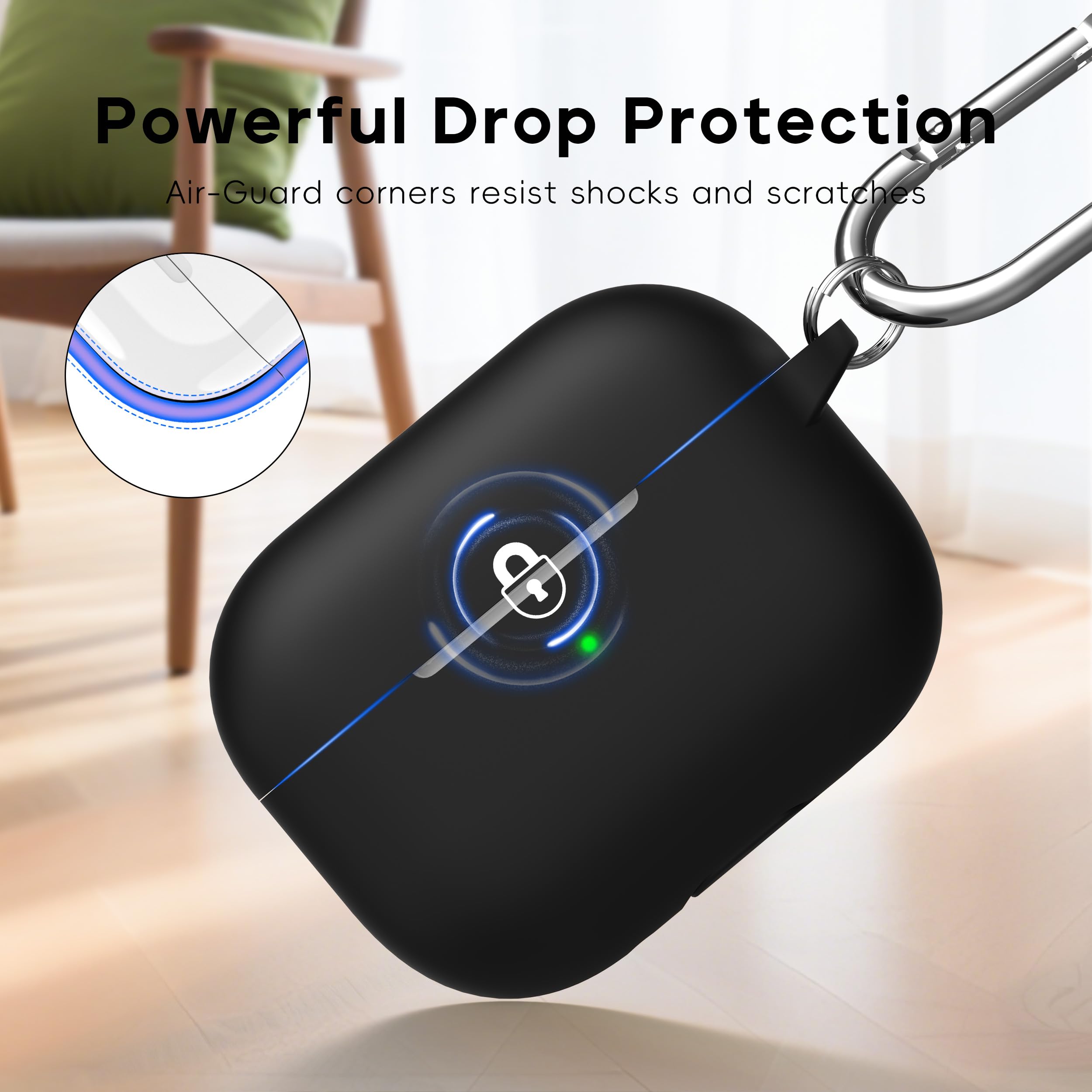 RFUNGUANGO Compatible with AirPods Pro 2nd Generation Case(2023/2022/2019), Soft Silicone Protection AirPod Pro Case Cover(USB-C/Lightning Cable) with Cleaner kit&EarTips,Black