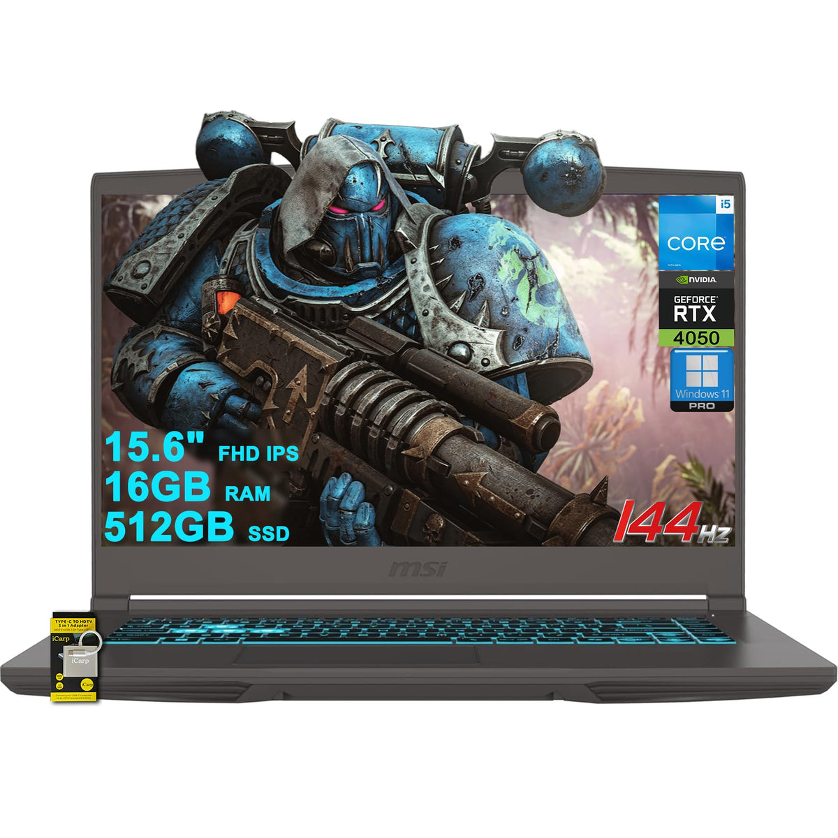 MSI Thin 15 Gaming Laptop 15.6" FHD IPS 144Hz Intel Octa-core i5-13420H (Beats i7-11800H) 16GB RAM 512GB SSD GeForce RTX 4050 Backlit USB-C Win11Pro w/ICP Hub