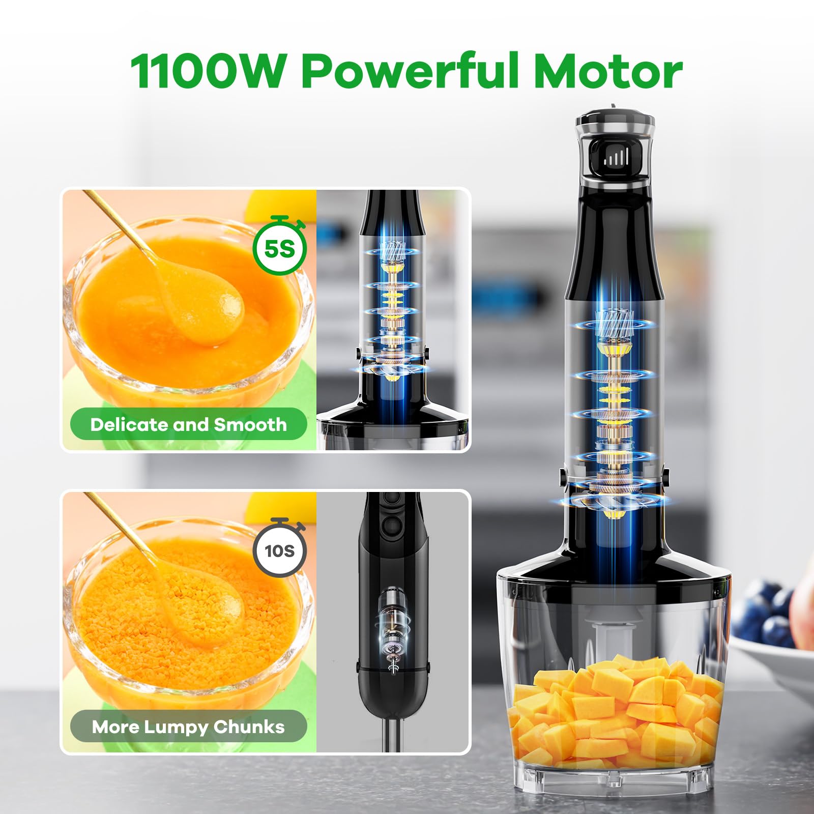 Turelar Immersion Blender Handheld Corded Hand Blenders Set 1100W, Trigger Variable Speed 5 in 1 Stick Emulsifier with Chopper, Whisk and Frother for Soup, Baby Food and Smoothies