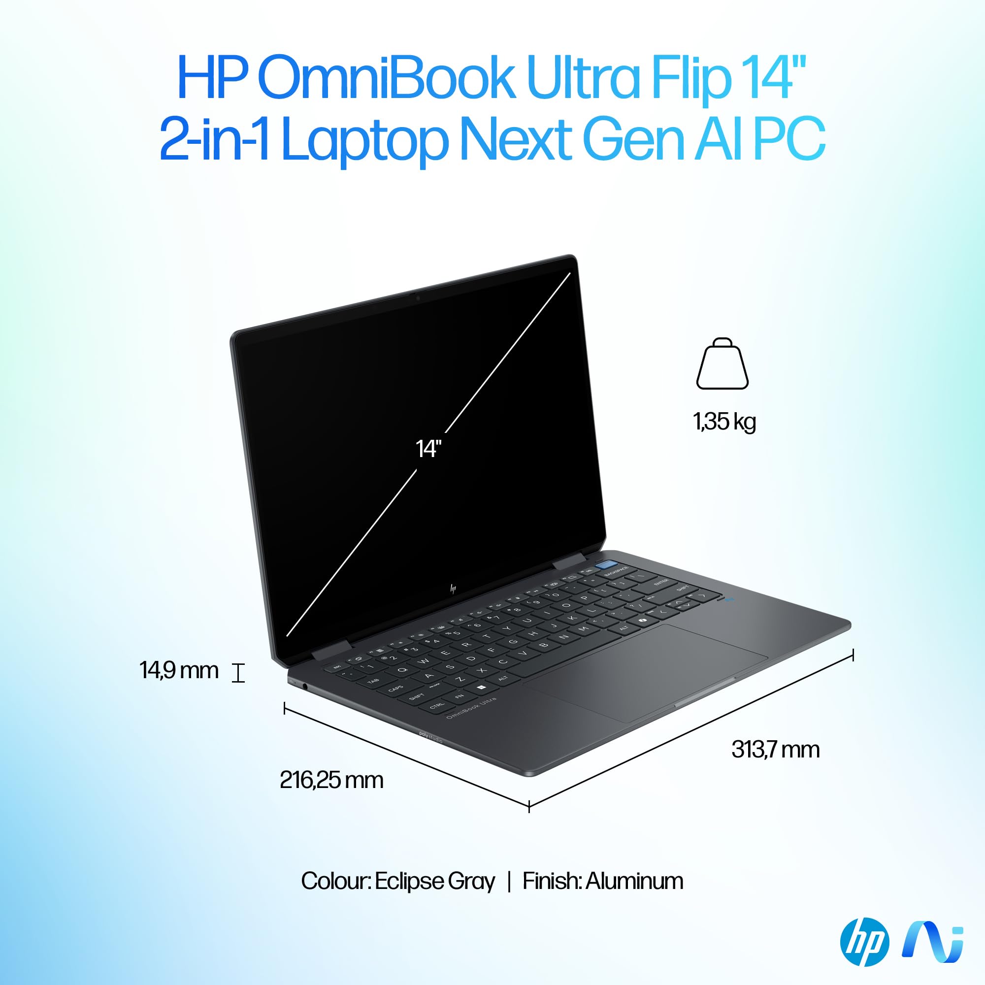 HP OmniBook Ultra Flip Laptop 14-fh0007ne, Intel Core Ultra 9-288V, 14" 3K 120Hz OLED Touch Display, 32GB RAM, 1TB SSD, Integrated Intel® Arc™ Graphics, Eng/Ar KB, Win11, Eclipse gray [B4JS1EA]