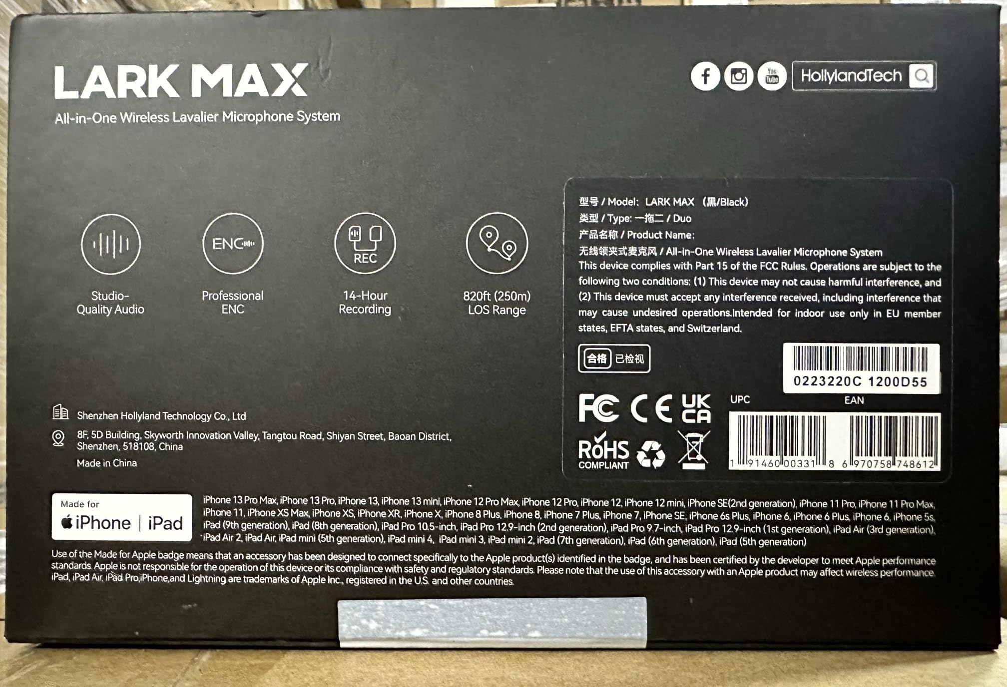 Hollyland LARK MAX Wireless Microphone, ENC Noise Canceling, Studio Audio Quality, 22H Duration, 820ft Range, 8GB Storage Recording Mic, Compatible with DSLR Camera, iPhone, Android and PC, black